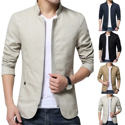 Mens Casual Blazer Slim Fit Business Formal Zip Suit Collared Coat Jacket Black - Image 1 of 4