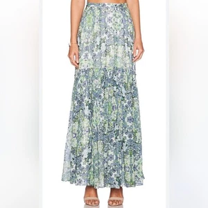 Marchesa Voyage Silk Green & Blue Tiered Maxi Skirt Cottagecore Resort Size 6 - Picture 1 of 11