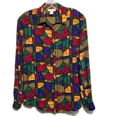 Blusa de seda Christie & Jill para mujer 10 vitrales geométricos defecto Foto 1 de 4