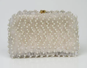 Vintage Clutch Tasche Handtasche Kunstperlen Perlen weiß Abendtasche Made in Hong Kong - Bild 1 von 16