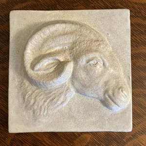 Rams Head Bighorn Sheep Tile White Glaze 6in Vtg Architectural Clay Terracotta - Picture 1 of 8