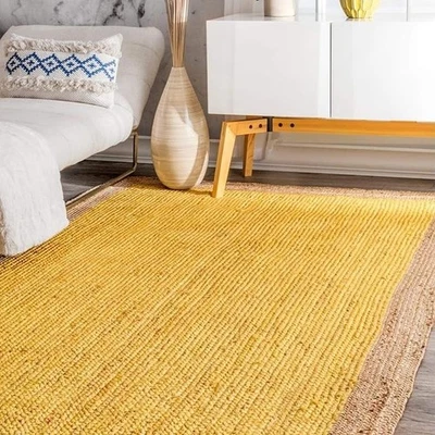 Handmade Yellow Jute Area Rug Natural Braided Carpet Eco-Friendly Living Room - Image 1 of 4