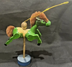 VTG RUSS 3 1/2" Wood XMAS Ornament green Carousel Horse w Brown Fur Mane & Tail - Picture 1 of 7