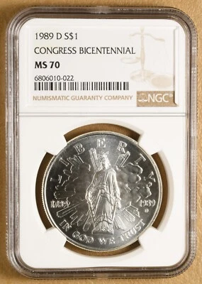 1989 D Congress Bicentennial Commemorative Silver Dollar NGC MS70 - Image 1 of 2
