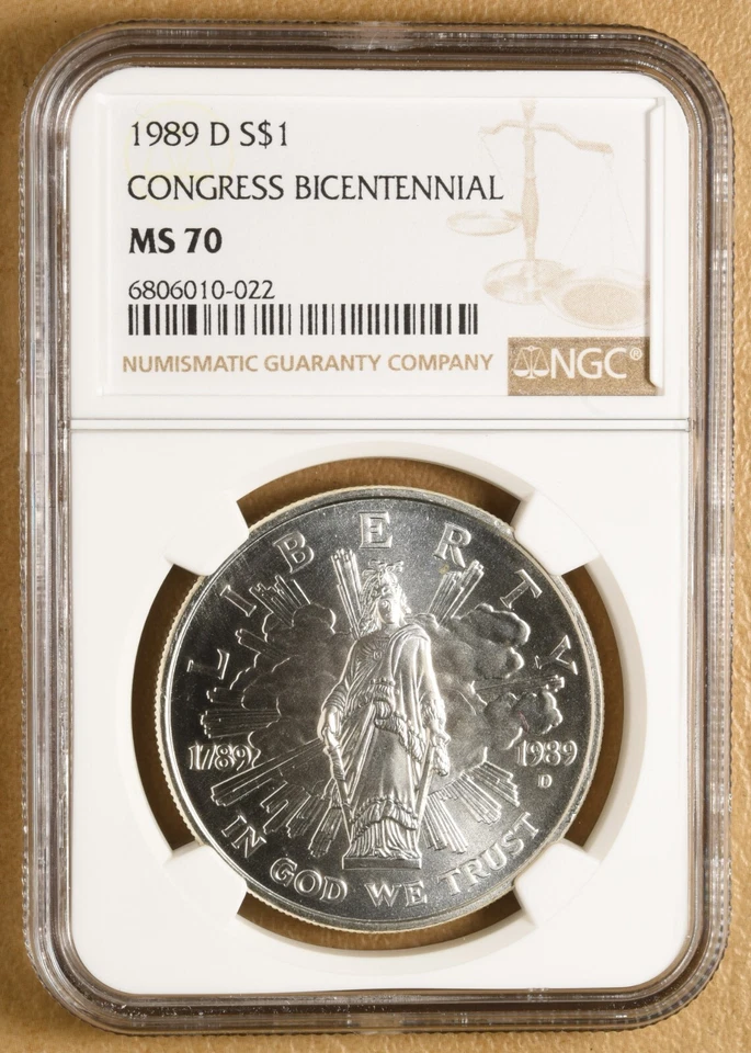 1989 D Congress Bicentennial Commemorative Silver Dollar NGC MS70 - Image 1 of 2