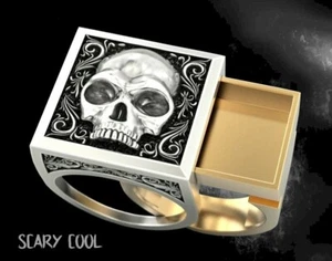 New Skull Embossed Secret Compartment Head Silver Gold Mens Gothic Biker Ring - Picture 1 of 9