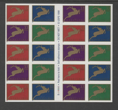 US #3363a Holiday Greetings Reindeer 33c Complete Booklet of 20 MNH - Image 1 of 2