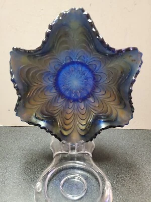 FENTON ANTIQUE ART GLASS Peacock Tail BOWL BLUE Original Early 1900's Vintage - Image 1 of 4