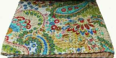 Colcha indiana feita à mão vintage Kantha colcha de algodão cobertor RalliGudari - Imagem 1 de 3
