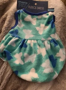 Dog Butterfly Fleece Dress Dress, Med. Green/Blue, Back Length 13.5 inches - Picture 1 of 4