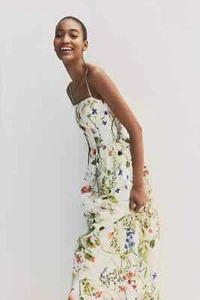 H&M Linen Blend Strappy Midi Dress Cream Floral Smocked Lined Small - Picture 1 of 24