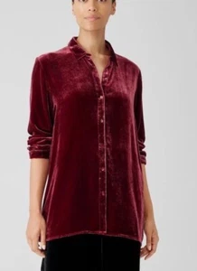 Eileen Fisher Velvet Button Front Collared Long Shirt Dark Cranberry Sz S - Picture 1 of 8