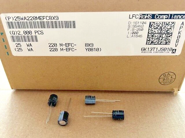200 Stück Elko Rubycon - 25WA220MEFC8X9 - 220uF - 25V - RM2.5 - Radial - 8X9 - Bild 1 von 1