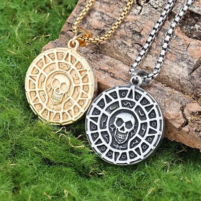 Pirate Skull Stainless Steel Pendant Necklace for Men Round Fsshion Mens Pendant - Image 1 of 4
