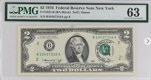 PMG 63 FR#1935-B $2 1976  (BA BLOCK ) NEFF/SIMON - Image 1 of 2