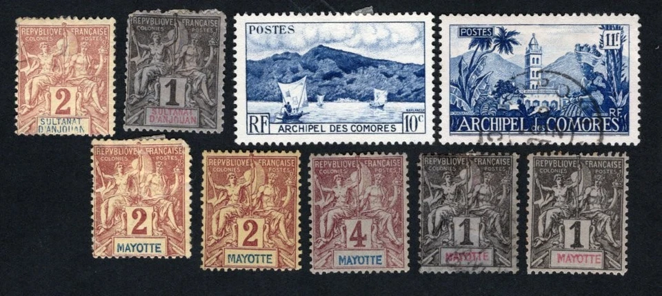 Comoros 1892-1950 stamps Mi#1-2+1-3+20+28 Mayotte+Anjouan MH/used CV=18$ - image 1 of 1