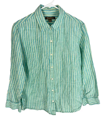 Camisa feminina TOMMY BAHAMA grande 100% linho listra laranja azul-petróleo resort sustentável - Imagem 1 de 3