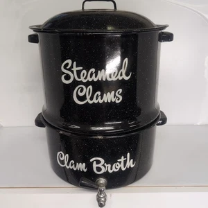 Vintage Enamelware Clam Steamer Double Steam Pot Broth Spigot Lid - Picture 1 of 19