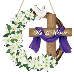 Easter Decoration Wooden Wreaths for Front Door Sign Cross Sign Door Wall Signs - Picture 1 of 7