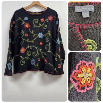 Northern Isles Embroidered Black Floral Grandma Hand Knit Sweater Womens XL - Image 1 of 4