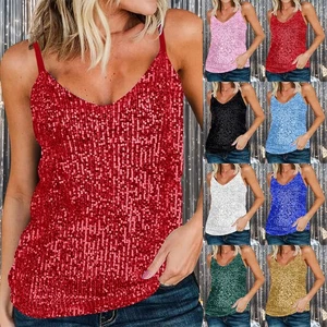 Women Sequin Glitter Tank Tops Vest Sleeveless Shiny V Neck Party T-Shirt Blouse - Picture 1 of 30
