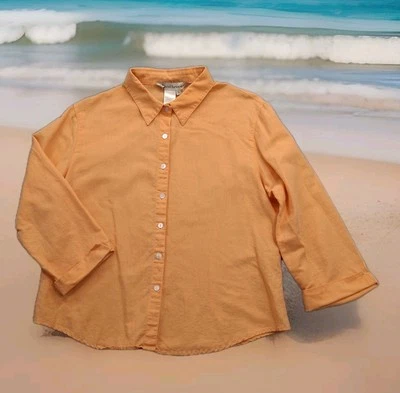 David Brooks Linen Blend Top Womens L Orange Button Up Relaxed Shirt 3/4 Sleeve  - Image 1 of 4