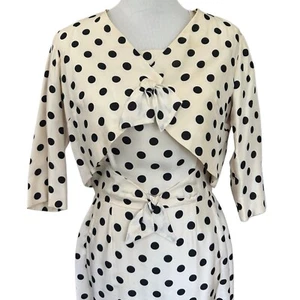 Vintage 1950s cream and black polka dot dinner dress and jacket set tie front - Picture 1 of 4