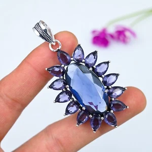 Blue Sapphire, Amethyst 925 Sterling Silver Handmade Flower Pendant Jewelry Gift - Picture 1 of 5