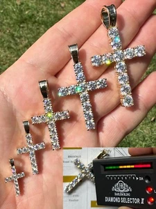 Real MOISSANITE Solid 10k Yellow Gold Iced Tennis Cross Pendant Necklace 5 Sizes - Picture 1 of 21