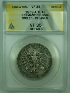 1859-A Germany-Prussia Thalar ANACS VF-35 Details Tooled Cleaned - Picture 1 of 2