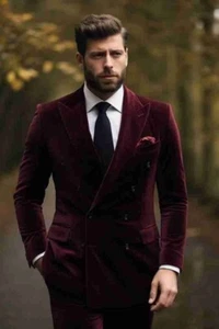 Men's Maroon Velvet Double Breasted Suit Elegant Formalwear for Special Occasion - Picture 1 of 5