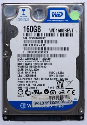 Western Digital 160GB SATA 2.5" Laptop HDD Model WD1600BEVT-22ZCT0 DCM: HHNTJHB - Image 1 of 2