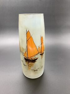 Ancien Vase En Verre Decor Bateaux Signé Jem Dlg Legras Leg Vintage 