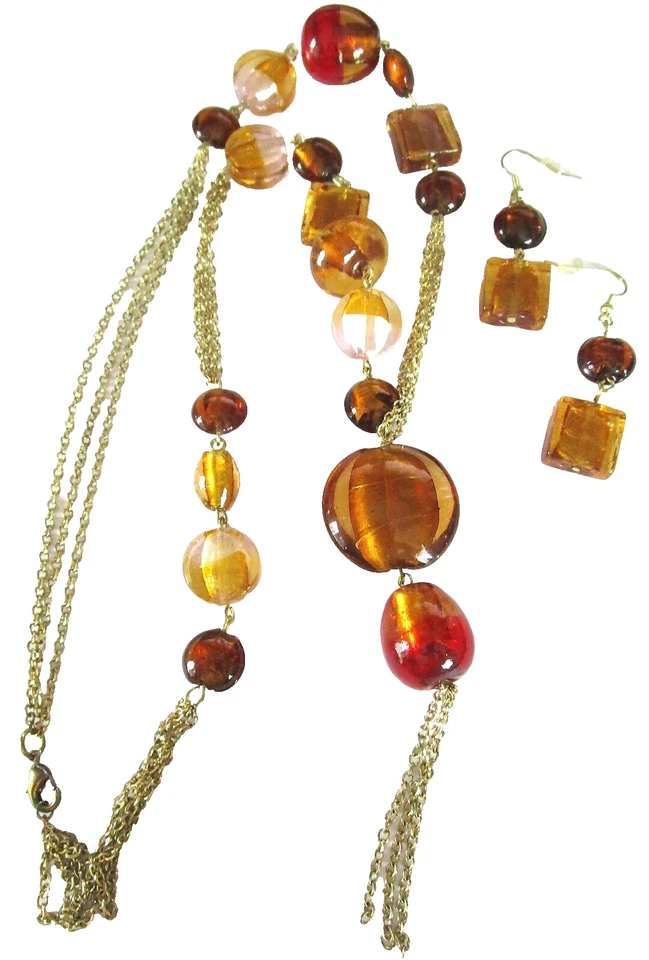 Artisan 手工制作琥珀吹制玻璃项链耳环套装 — 第 1/2 张图片