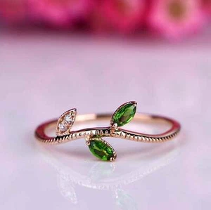 0.5ct Natural Emerald & Diamond Wedding Band Leaves Design 14k SOLID Rose Gold - Picture 1 of 8