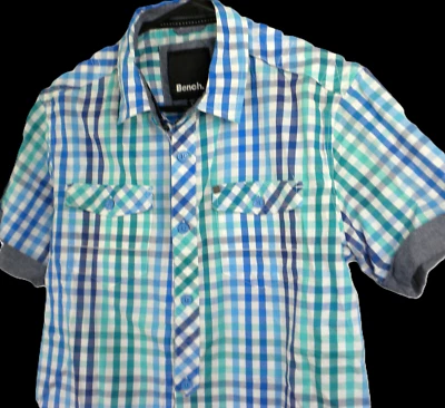 Bench Men's Azure Blue Check Button-down Short Sleeve Shirt Size S - Image 1 of 4