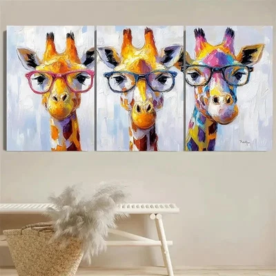 3pcs Colorful Giraffe With Glasses Wall Art Canvas Framed 50x70cm - Image 1 of 2