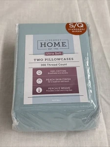 JcPenney Home Collection 100% Cotton Standard Queen Pillow Cases Set Aqua NEW - Picture 1 of 4