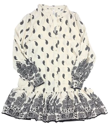 H&M Ivory Paisley Drop Waist Chiffon Long Sleeve Dress Women's Size Medium - Image 1 of 4
