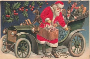 Santa Claus' New Car - Christmas 1919 Embossed & Fabric Appliqué Postcard - Picture 1 of 2