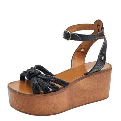 Isabel Marant Black Jute And Leather Knotted Wedge Platform Ankle Strap Sandals - Image 1 of 4