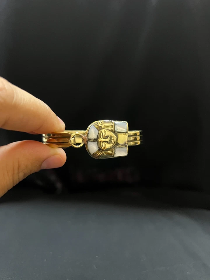 Gold Egyptian Bracelet with White Enamel King Tut Mask Pharaoh Cuff - Image 1 of 4