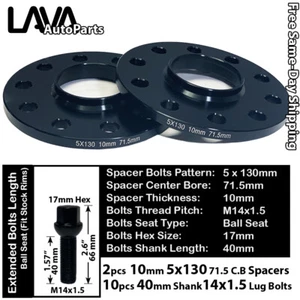 2PC 10MM THICK 5X130 71.5MM C.B WHEEL SPACER+14X1.5 BOLT FIT AUDI VW PORSCHE - Picture 1 of 2