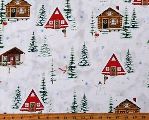Cotton Cozy Cottage Houses Log Cabins Winter Fabric Print by the Yard D404.21 - Picture 1 of 1