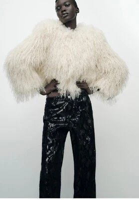 Pantalones Zara para mujer, talla 2, negro cintura alta lentejuelas terciopelo estampado serpiente, nuevos con etiquetas Foto 1 de 4