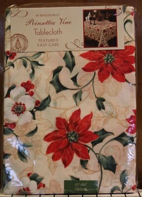 Benson Mills Poinsettia Vine Cloth Tablecloth 60 X 84” Christmas Holiday - Image 1 of 4