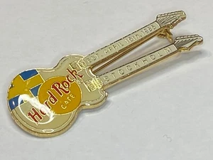 Hard Rock Cafe Lapel Pin Stockholm Flag Double Guitar Est. April 16 1985 4/16/85 - Picture 1 of 2