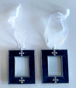 Pair of Small 3 x 2.5 inch Picture Frames Blue Enameled w Crystals White Ribbon