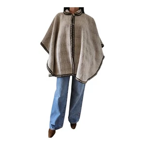 Vintage Wollponcho Wool Cape 90s Umhang Woll Poncho Grau Braun One Size S M L - Bild 1 von 7