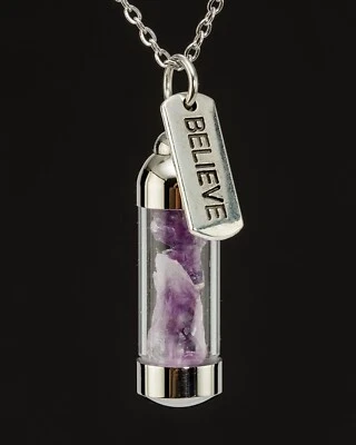 Amethyst Crystals In A Jar Amulet & Mantra BELIEVE Pendant Necklace - Image 1 of 4